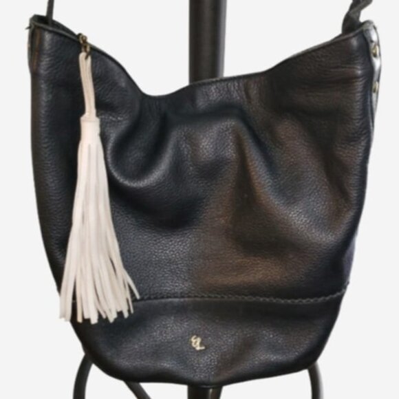 Elliot Luca Leather Bucket Crossbody Handbag Black w White Tassel Pull - Picture 2 of 16